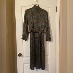 Vtg 90s Talbots Petite Paisley Satin Pleated Tailored Midi Belted Dress Size 10